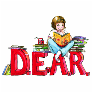 graphic of girl surrounded by books seated on the word dear